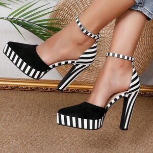Black and White Striped Women's Heels